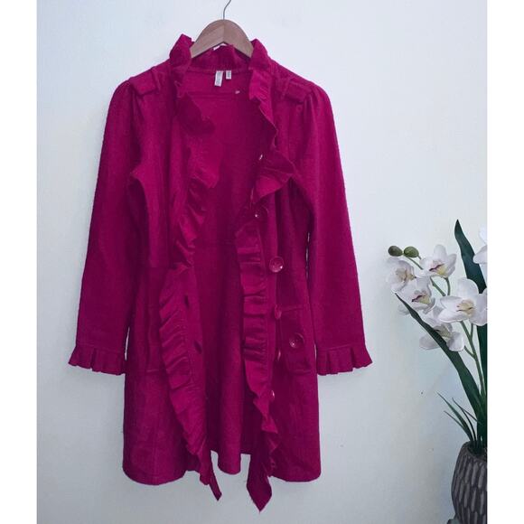 Madison 100% Wool Red Ruffled Jacket Trench Coat Women's Size Small - Picture 3 of 8